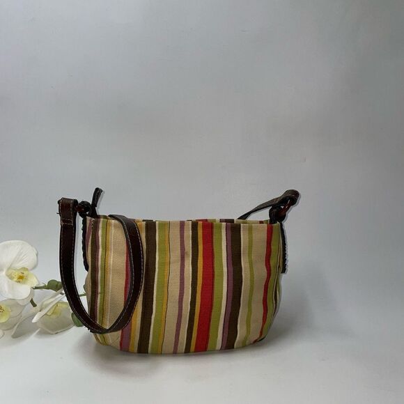 Fossil Striped Canvas Brown Leather Trim Shoulder Bag - Picture 1 of 8